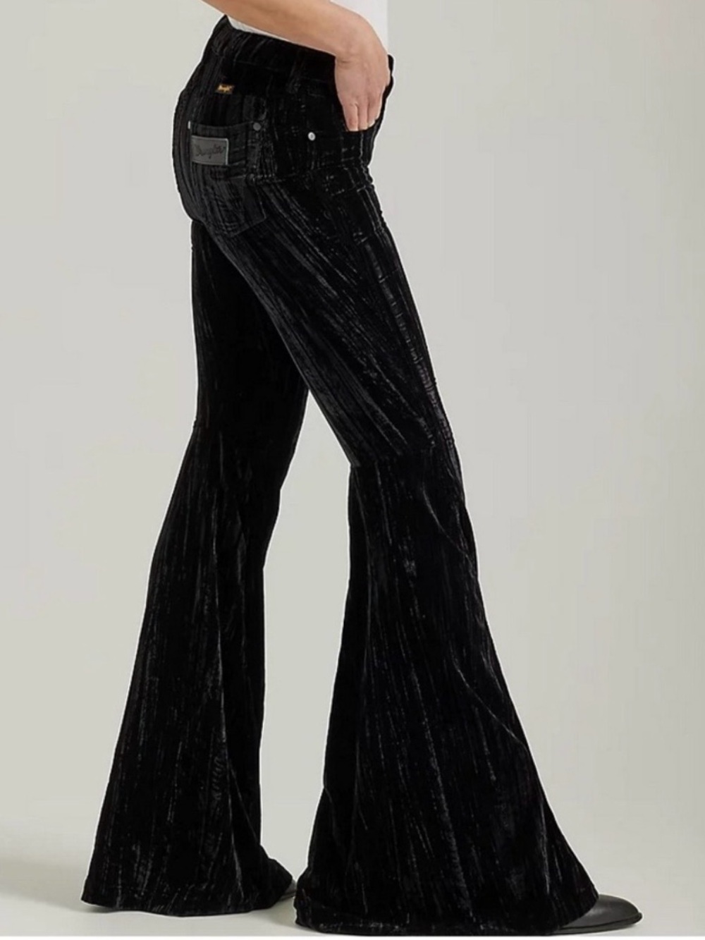 Midnight Black Crushed Velvet Wide-Leg Jeans - High Rise Flare
